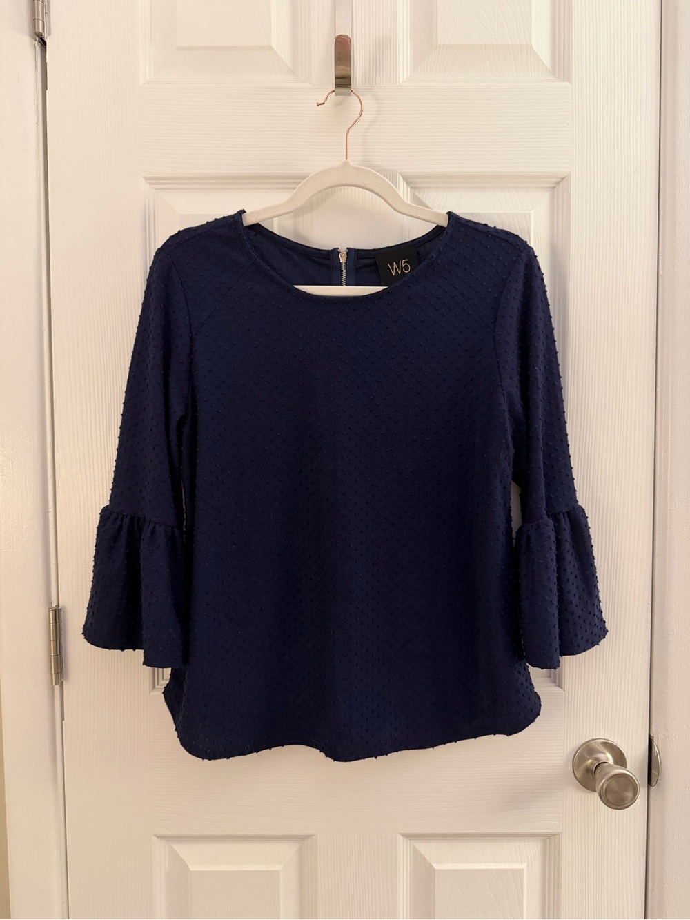 W5 Navy Blue Swiss Dot Bell Sleeve Blouse Small